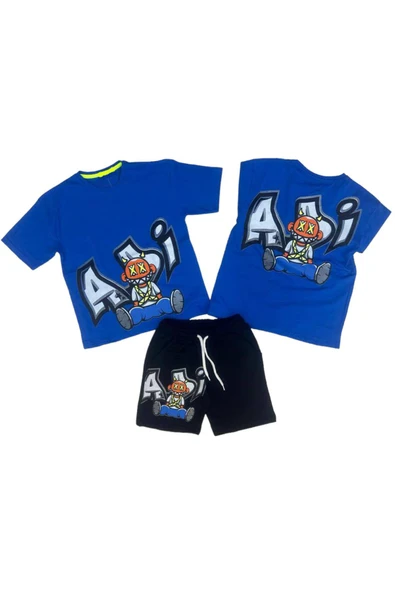 İrem Çocuk Giyim Erkek Çocuk Önü Arkası Yazı Resim Baskılı Şortlu Takım Lacivert