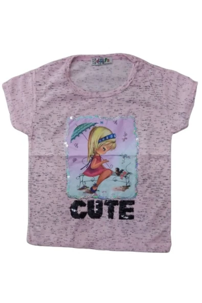 İrem Çocuk Giyim Kız Çocuk Önü Desenli Pullu Tişört