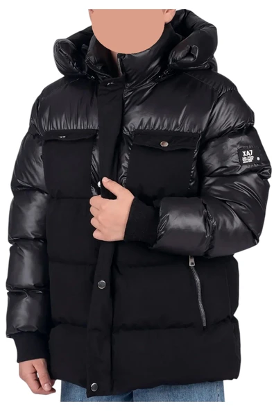 İrem Çocuk Giyim Erkek Çocuk Önü Çift Kapak Cepli Kapüşonu Çıkabilen İçi Peluş Astarlı Siyah Renk Mont