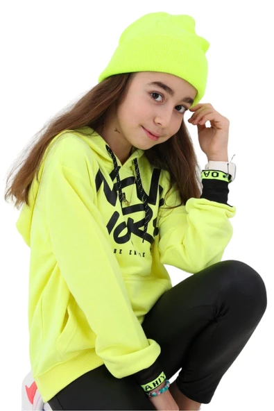 İrem Çocuk Giyim Kız Çocuk New York Desenli Kanguru Cepli Kapüşonlu Sweatshirt - 3