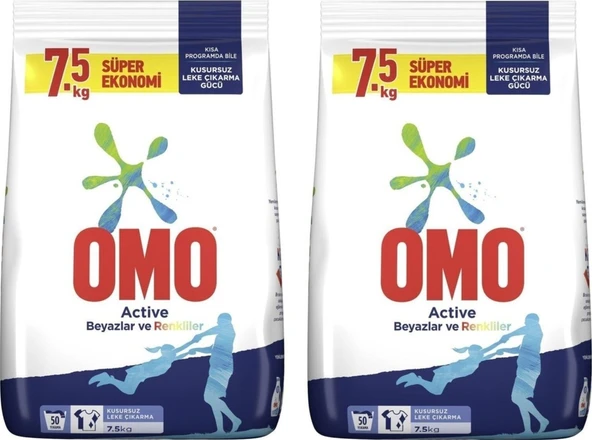Omo Active Renkliler & Beyazlar Toz Çamaşır Deterjanı 7.5 Kg X 2 Adet ürün görseli