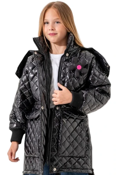 İrem Çocuk Giyim Kız Çocuk Kapitone Model Kapüşonu Çıkabilen İçi Astarlı Etek Kısmı Fermuarlı Parlak Siyah Renk Mont - 4
