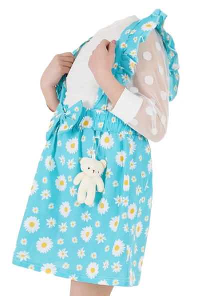 İrem Çocuk Giyim Kız Çocuk Çiçek Desenli Kolları Tül Ayıcıklı Salopet Turkuaz - 3