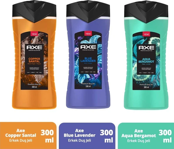 Axe Premium Collection Aqua Bergamot + Blue Lavender + Copper Santal Duş Jeli 3 x 300 ML ürün görseli 1