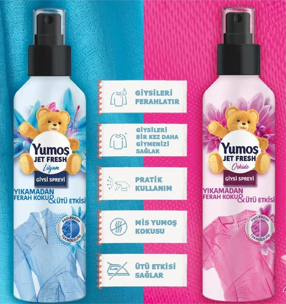 Yumoş Jet Fresh Giysi Spreyi 2 x 200 ML + Yumoş Giysi Spreyi Orkide-Lilyum 500 ML - 2