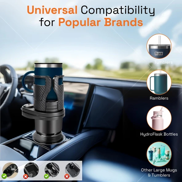 2’si 1 Arada Ayarlanabilir Araç Bardak Tutucu, Genişleyebilir Üst Kısım 3”-6.2”, Şişe Adaptörü, Araba Organizatörü, Daya - 6
