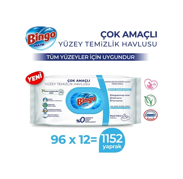 Bingo Pratik Beyaz Sabun Yüzey Temizlik Havlusu 12 x 96'lı ürün görseli