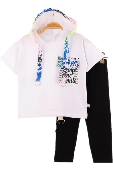 İrem Çocuk Giyim Kız Çocuk Make Me Smile Desenli Kapüşonlu Kaprili Takım Beyaz