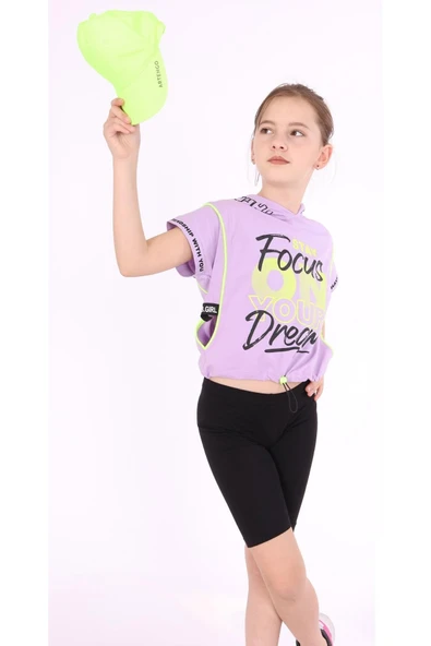 İrem Çocuk Giyim Kız Çocuk Focus Yazı Desenli Kapüşonlu Beli Lastikli Tişört