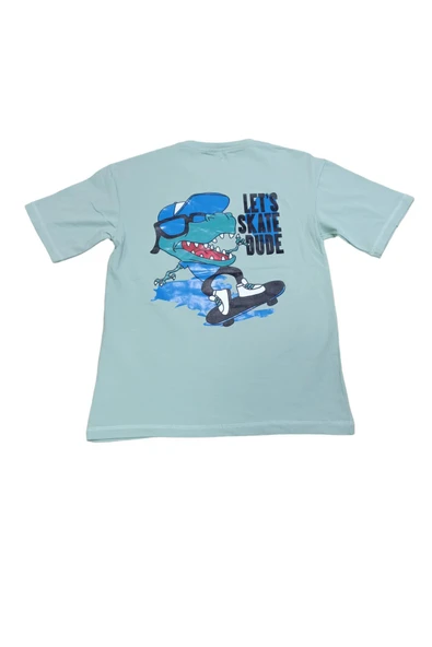 İrem Çocuk Giyim Erkek Çocuk Lets Skate Çift Taraf Yazı Resim Desenli Oversize Tişört Su Yeşili - 2
