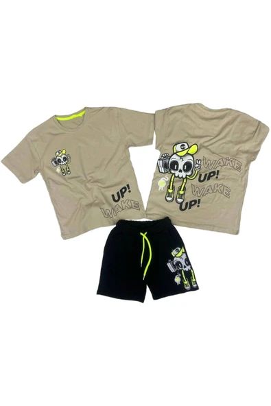 İrem Çocuk Giyim Erkek Çocuk Wake Up Yazı Desenli Çift Taraf Resim Baskılı Şortlu Takım Bej