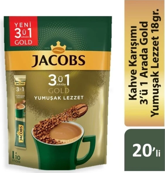 Jacobs 3'ü 1 Arada Gold Yumuşak İçim Karışım Kahve 120'li 10 x 2 Paket ürün görseli