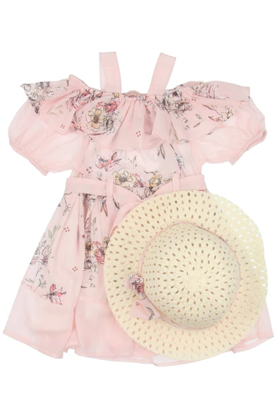 İrem Çocuk Giyim Kız Çocuk Çiçek Desenli Şapkalı Astarlı Beli Kuşaklı Midi Boy Pembe Renk Elbise