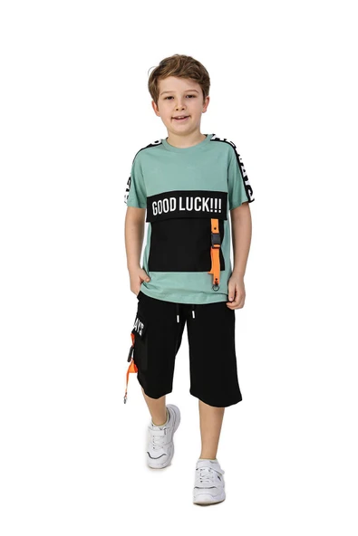 İrem Çocuk Giyim Erkek Çocuk Good Luck Yazı Desenli Torba Cepli Mint Yeşili Şortlu Takım - 3