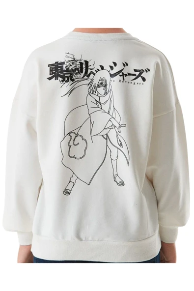 İrem Çocuk Giyim Erkek Çocuk Önü Arkası Anime Resim Yazı Desenli Beyaz Renk Sweatshirt - 2