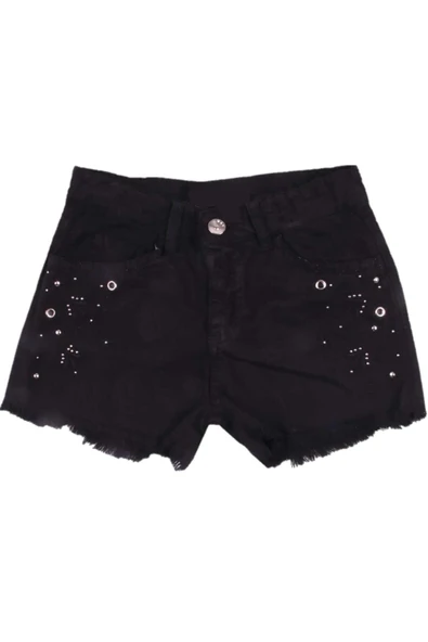İrem Çocuk Giyim Kız Çocuk Kuş Gözü Aksesuarlı Nakışlı Kısa Şort Siyah