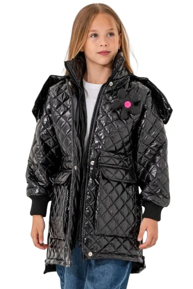 İrem Çocuk Giyim Kız Çocuk Kapitone Model Kapüşonu Çıkabilen İçi Astarlı Etek Kısmı Fermuarlı Parlak Siyah Renk Mont