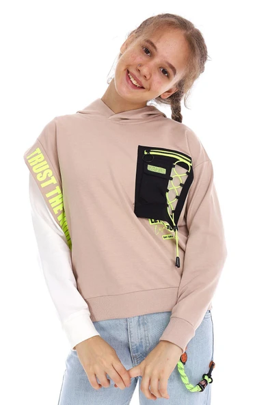 İrem Çocuk Giyim Kız Çocuk Cep Ve Kol Detaylı Kapüşonlu Kısa Sweatshirt - 3