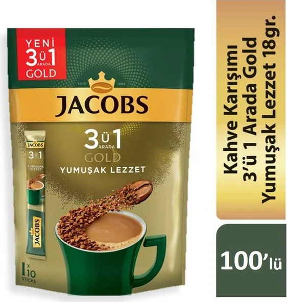 Jacobs 3 ü 1 Arada Gold Kahve Karışımı Yumuşak Lezzet 100'lü ürün görseli