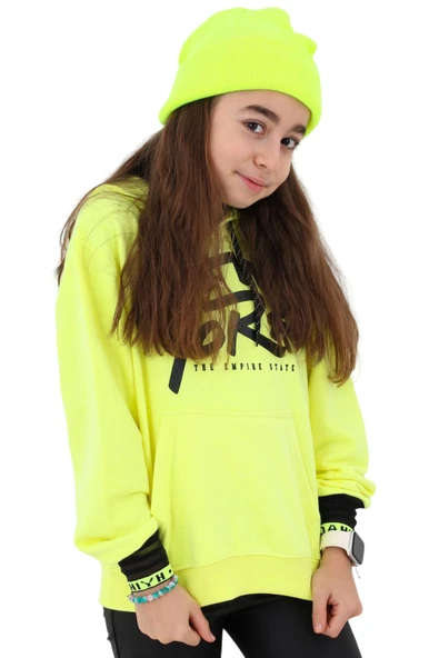 İrem Çocuk Giyim Kız Çocuk New York Desenli Kanguru Cepli Kapüşonlu Sweatshirt - 2