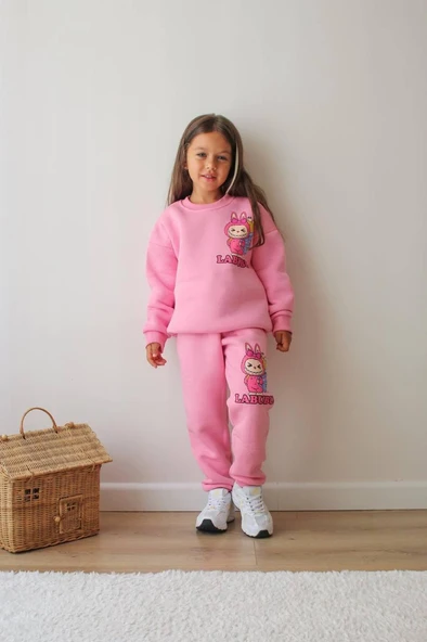 Cg Kids Labubu 3 Iplik Şardonlu Içi Pamuklu Kız Çocuk Alt Üst Süper Tarz Takım - 3