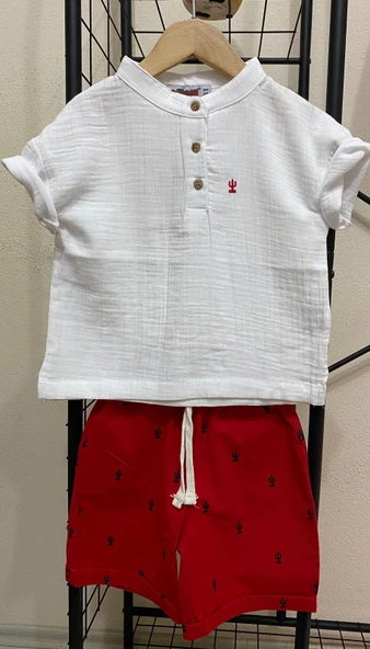 Cg Kids Kaktüs Nakışlı Müslin Hakim Yaka Gömlek Alt Ince Keten Kaktüs Baskılı Kırmızı Şort Erkek Çocuk Alt Üst Takım - 4