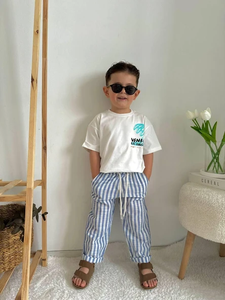 Cg Kids Ince Keten Çizgili Üst Pamuklu Sırt Baskı Detaylı Mükemmel Kaliteli Erkek Çocuk Alt Üst Takım