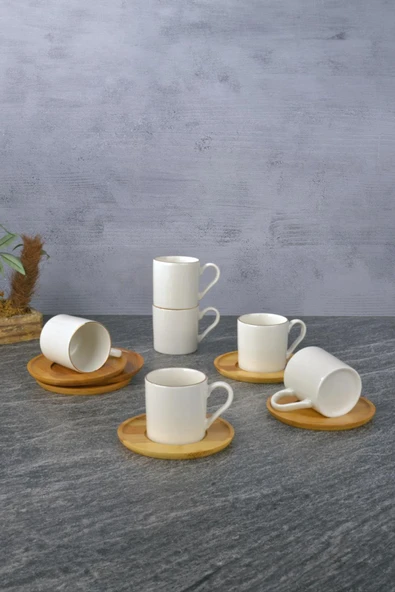 6 Lı Bambu Tabaklı Porselen Kahve Fincanı Seti ürün görseli 1
