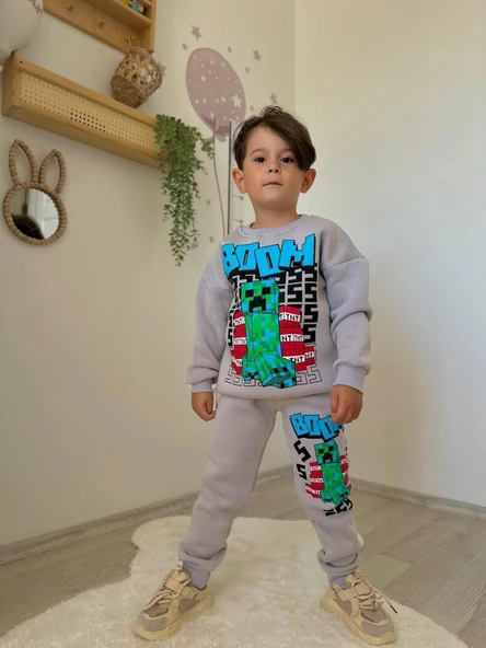 Cg Kids Minecraft Baskılı 3 Iplik Şardonlu Içi Pamuklu Erkek Çocuk Alt Üst Süper Tarz Takım ürün görseli 1