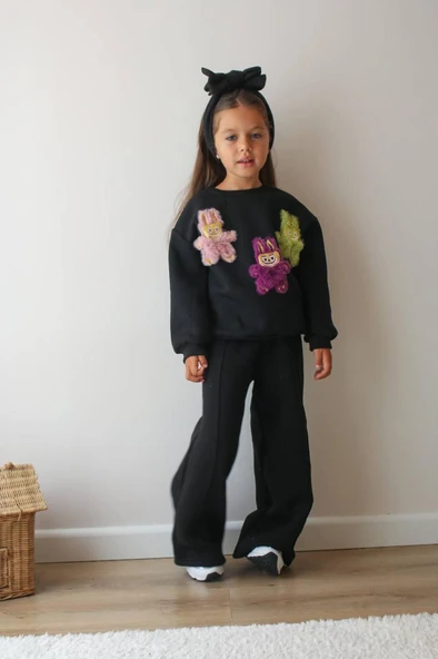 Cg Kids Labubu Nakışlı 3 Iplik Şardonlu Içi Pamuklu Kız Çocuk Alt Üst Süper Tarz Takım - 3