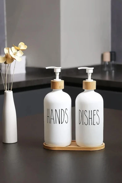 Beyaz Cam İkili Sıvı Sabunluk Seti 500 ml Bambu Altlıklı - Resim 2