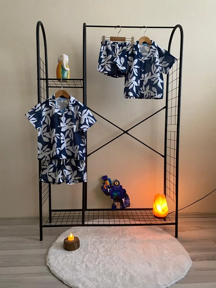 Cg Kids Lacivert Ince Keten Yaprak Desen Kaliteli Kumaş Erkek Çocuk Alt Üst Takım - 2