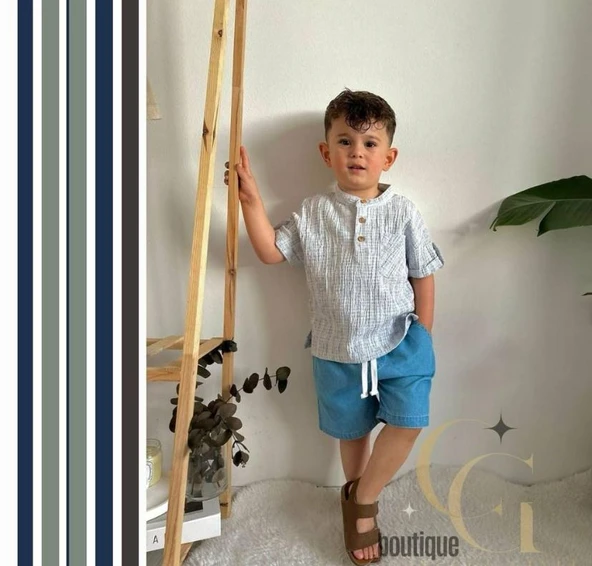 Cg Kids Hakim Yaka Gömlek Fitilli Alt Mavi Jean Kumaş Kot Şort Beli Lastikli Erkek Çocuk Alt Üst Takım