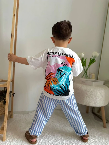 Cg Kids Ince Keten Çizgili Üst Pamuklu Sırt Baskı Detaylı Mükemmel Kaliteli Erkek Çocuk Alt Üst Takım - 3