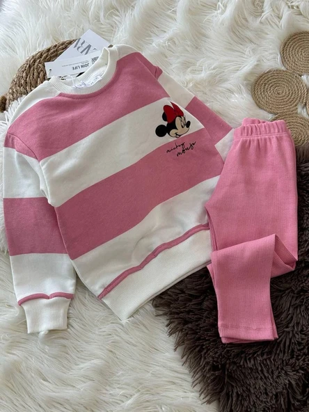Cg Kids Pembe Beyaz Çizgili Minnie Mouse Karakter Baskılı Kız Çocuk Eşofman Takım