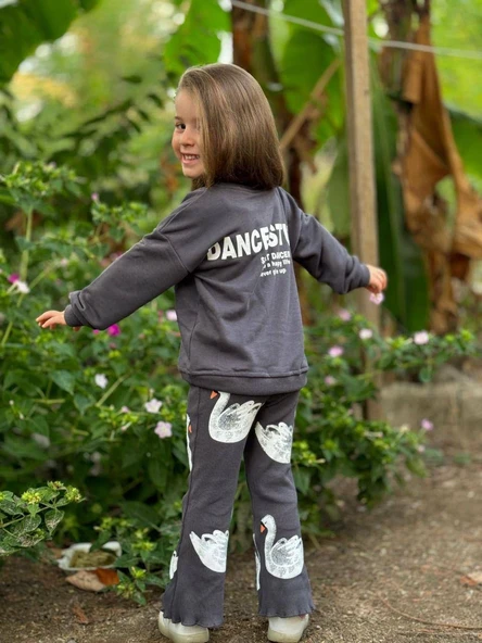 Cg Kids Kabartma Kuğu Baskılı Kız Çocuk Eşofman Takım Alt Fitilli Tayt - 2