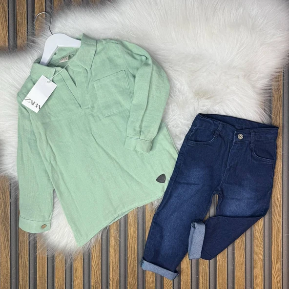 Cg Kids Fıstık Yeşil Gömlek & Lacivert Taşlanmış Jean Alt Üst Erkek Çocuk Takım - 2