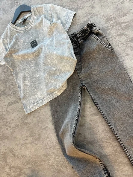 Cg Kids Yıkamalı Kabartma Baskı Bb Lastikli Paça Eskitme Jean Erkek Çocuk Alt Üst Takım - 2