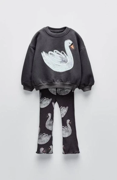 Cg Kids Kabartma Kuğu Baskılı Kız Çocuk Eşofman Takım Alt Fitilli Tayt - 4