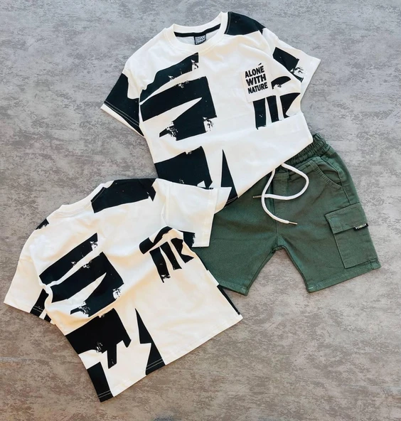 Cg Kids Siyah Desenli Basic Alt Yeşil Kargo Cepli Kot Şort Erkek Çocuk Alt Üst Takım - 2