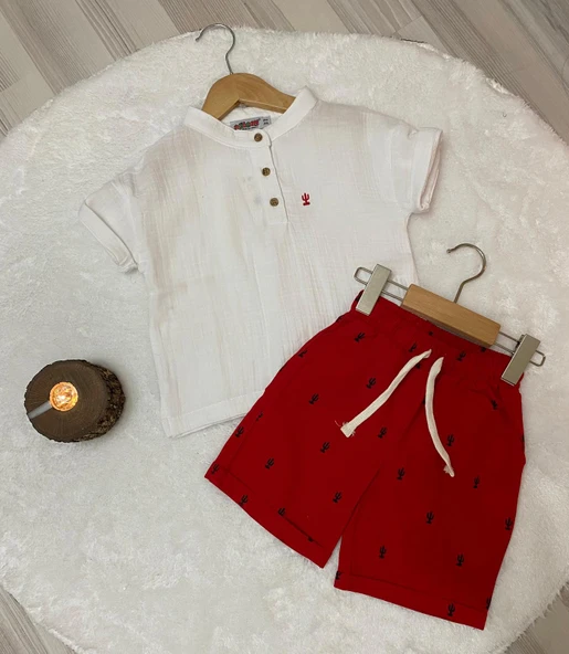 Cg Kids Kaktüs Nakışlı Müslin Hakim Yaka Gömlek Alt Ince Keten Kaktüs Baskılı Kırmızı Şort Erkek Çocuk Alt Üst Takım - 2
