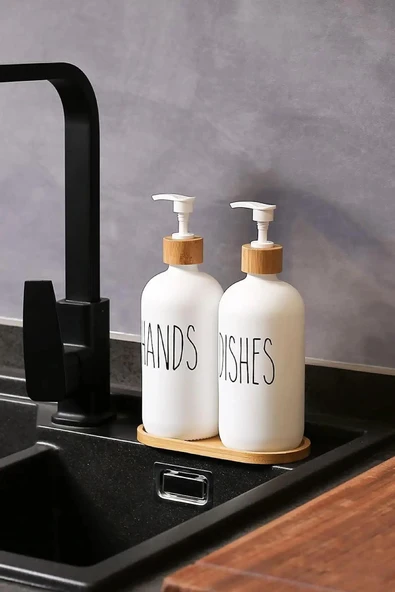 Beyaz Cam İkili Sıvı Sabunluk Seti 500 ml Bambu Altlıklı ürün görseli 1