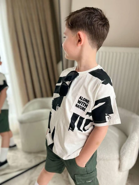 Cg Kids Siyah Desenli Basic Alt Yeşil Kargo Cepli Kot Şort Erkek Çocuk Alt Üst Takım - 4