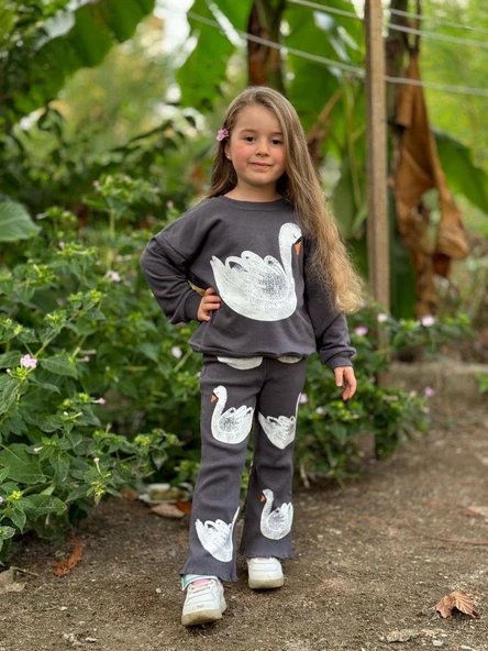 Cg Kids Kabartma Kuğu Baskılı Kız Çocuk Eşofman Takım Alt Fitilli Tayt