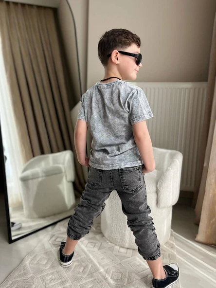 Cg Kids Yıkamalı Kabartma Baskı Bb Lastikli Paça Eskitme Jean Erkek Çocuk Alt Üst Takım - 3