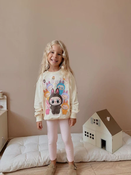 Labubu Baskılı Eşofman 2 Iplik Kız Çocuk Taytlı Alt Üst Takım - 3