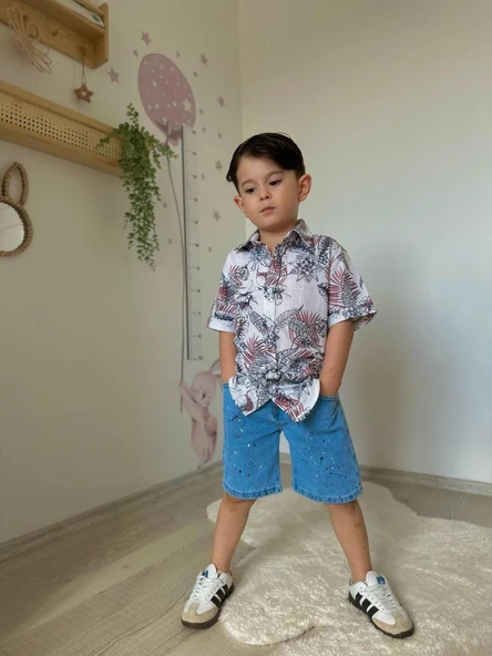 Cg Kids Yaprak Desenli Keten Gömlek Jean Kot Şort Erkek Çocuk Alt Üst Takım - 2
