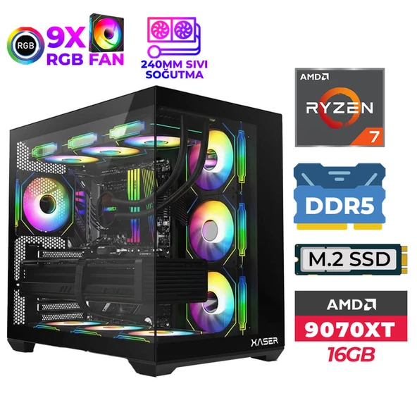 Xaser SovaX100 Ryzen 7 7800X3D 16GB DDR5 Ram 512GB M.2 NVMe SSD 16GB RX9070 XT Sıvı Soğutmalı Masaüstü Oyuncu Bilgisayarı ürün görseli