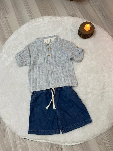 Cg Kids Hakim Yaka Gömlek Fitilli Alt Mavi Jean Kumaş Kot Şort Beli Lastikli Erkek Çocuk Alt Üst Takım - 2