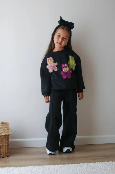 Cg Kids Labubu Nakışlı 3 Iplik Şardonlu Içi Pamuklu Kız Çocuk Alt Üst Süper Tarz Takım